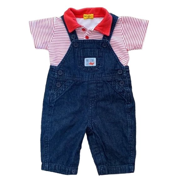 Child of Mine Awesome Guy Overalls and Malin Calin Stripe Polo T-Shirt 0-3M - Picture 1 of 7